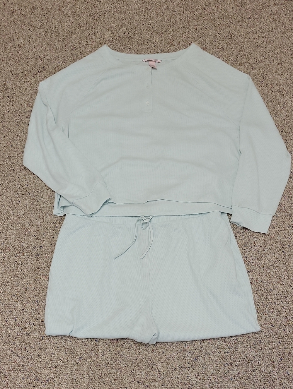 Victoria's Secret Light Blue Pajama Set Large New Fall Thermal Waffle Jogger